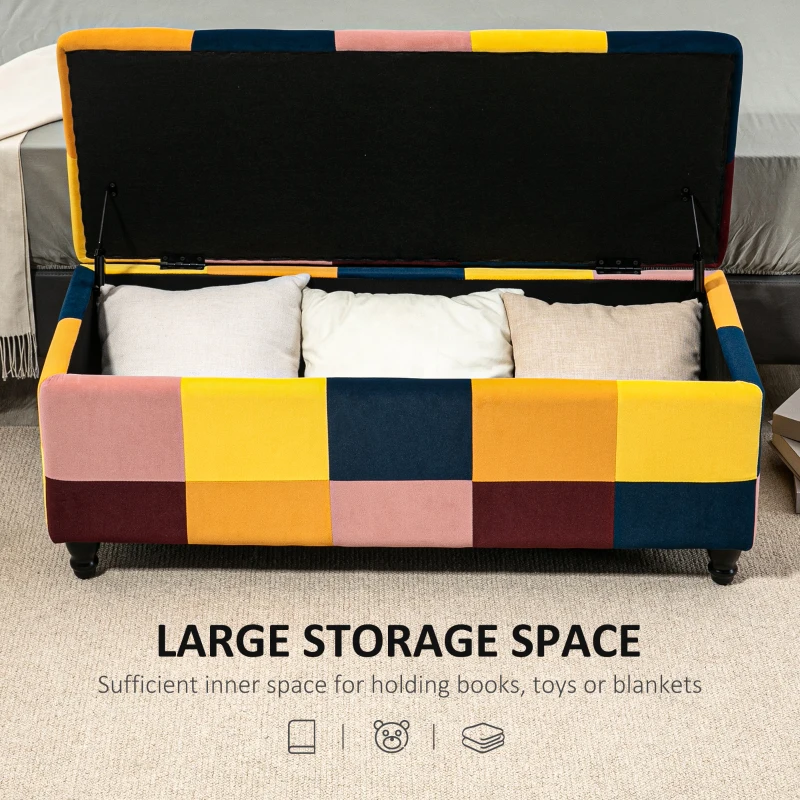 HOMCOM Storage Ottoman, Storage Bench with Wood Legs, Footstool, Footrest with Velvet Surface for Bedroom, Hallway, Living Room, 114 x 47 x 47 cm, Multicoloured