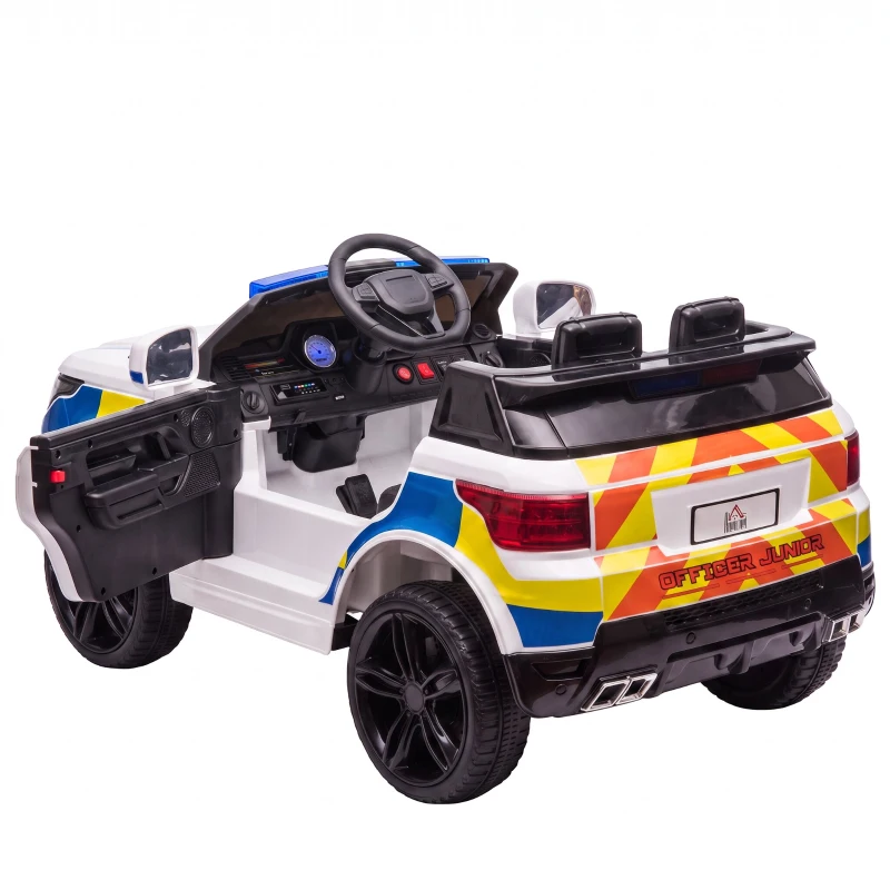 HOMCOM Carro Elétrico Crianças 12V Policial com Bluetooth USB Luz Sirene 110x68x52 cm Brincar Infantil Branco