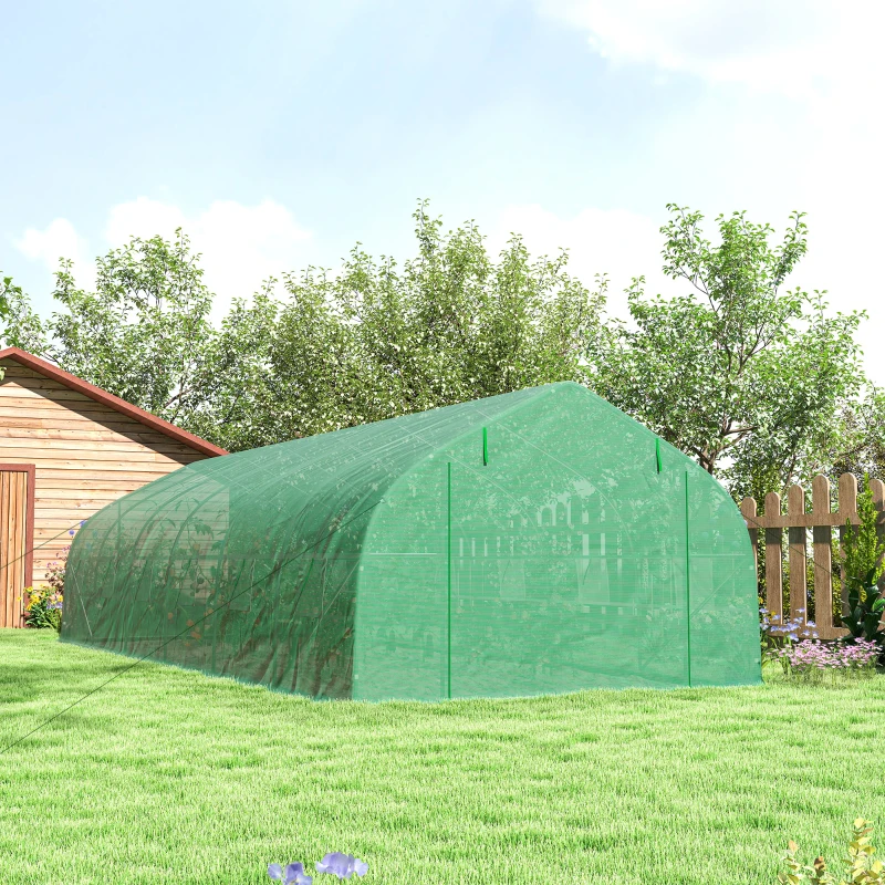 Outsunny Serre de jardin tunnel grande taille avec bâche PE cadre en acier porte enroulable et 12 fenêtres 8 x 3 x 2 m vert
