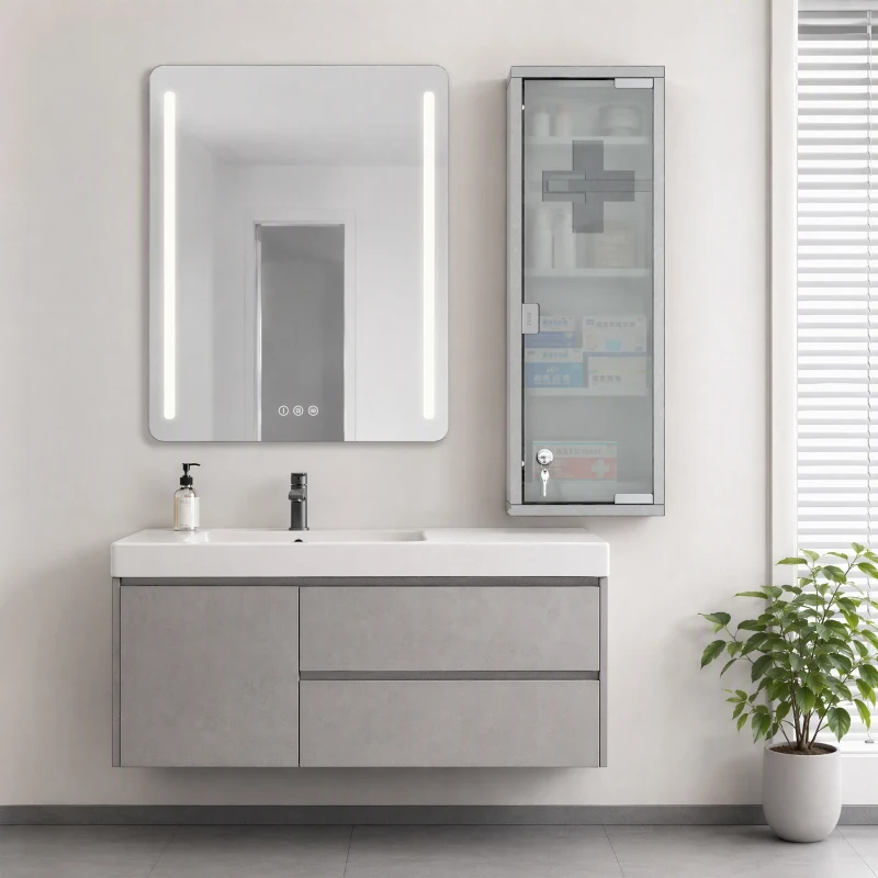 kleankin Armoire à Pharmacie 2 étagères 3 Niveaux 20L x 12l x 58H cm Porte Verre trempé Symbole Croix Acier INOX.
