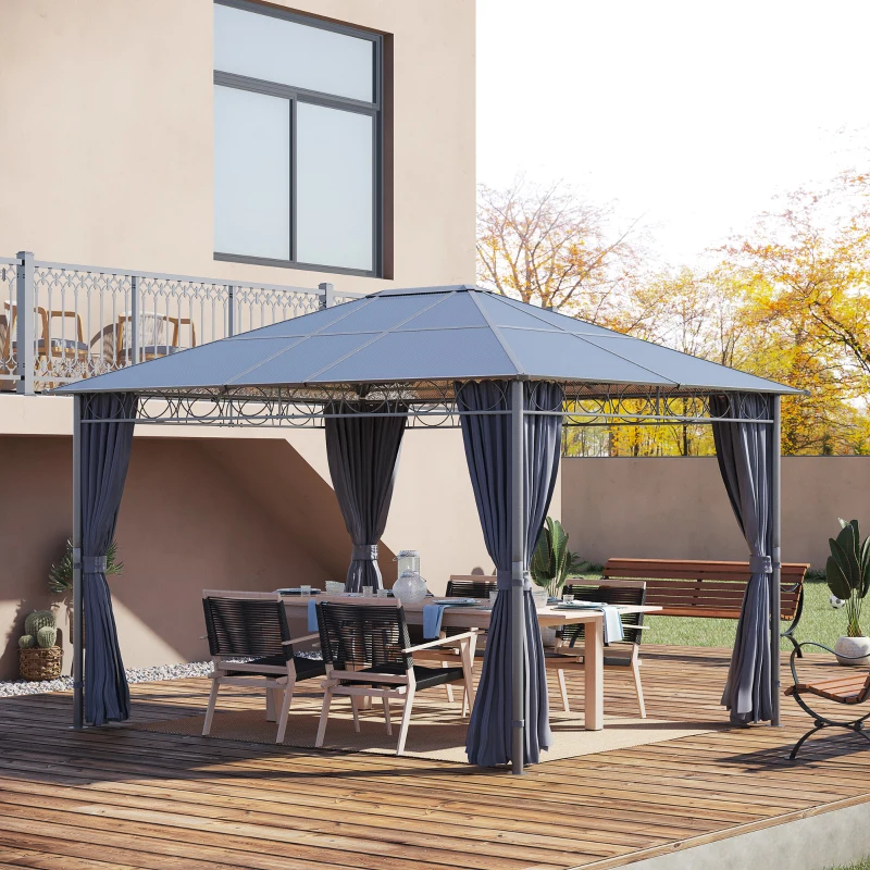 Outsunny Gazebo da Giardino 3.6x3m con Tetto in Policarbonato Anti UV e Tende, Grigio