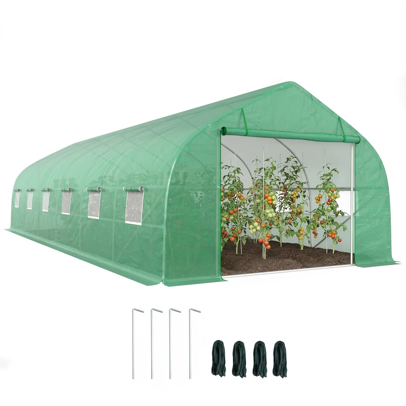 Outsunny Serre de jardin tunnel grande taille avec bâche PE cadre en acier porte enroulable et 12 fenêtres 8 x 3 x 2 m vert