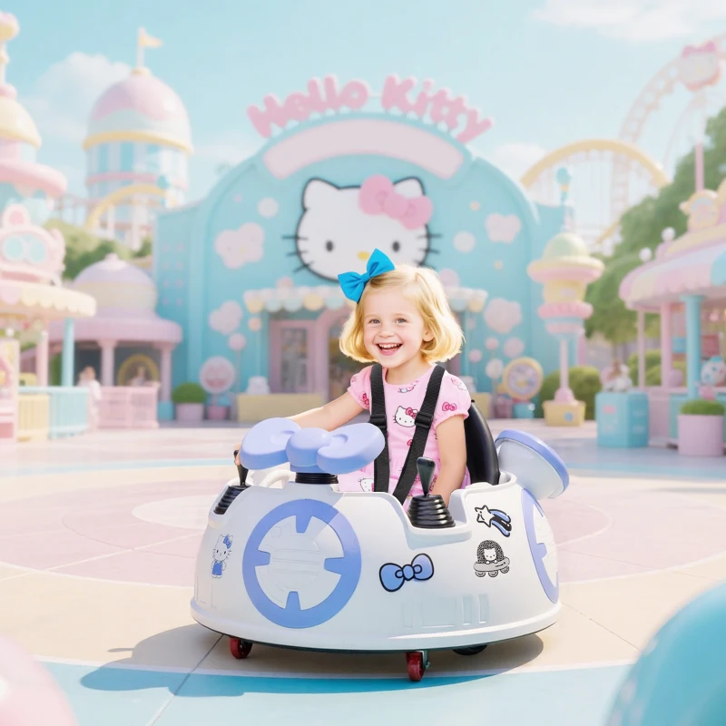 AIYAPLAY Hello Kitty Kids Ride on Bumper Car with Remote Control, Two Joysticks, Music, Lights, Safety Belt, White