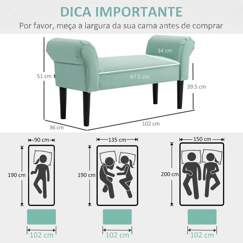 HOMCOM Banco de Pé de Cama Estofado em Linho Sintético com Pés de Madeira Braços e Assento Acolchoado, Verde Claro