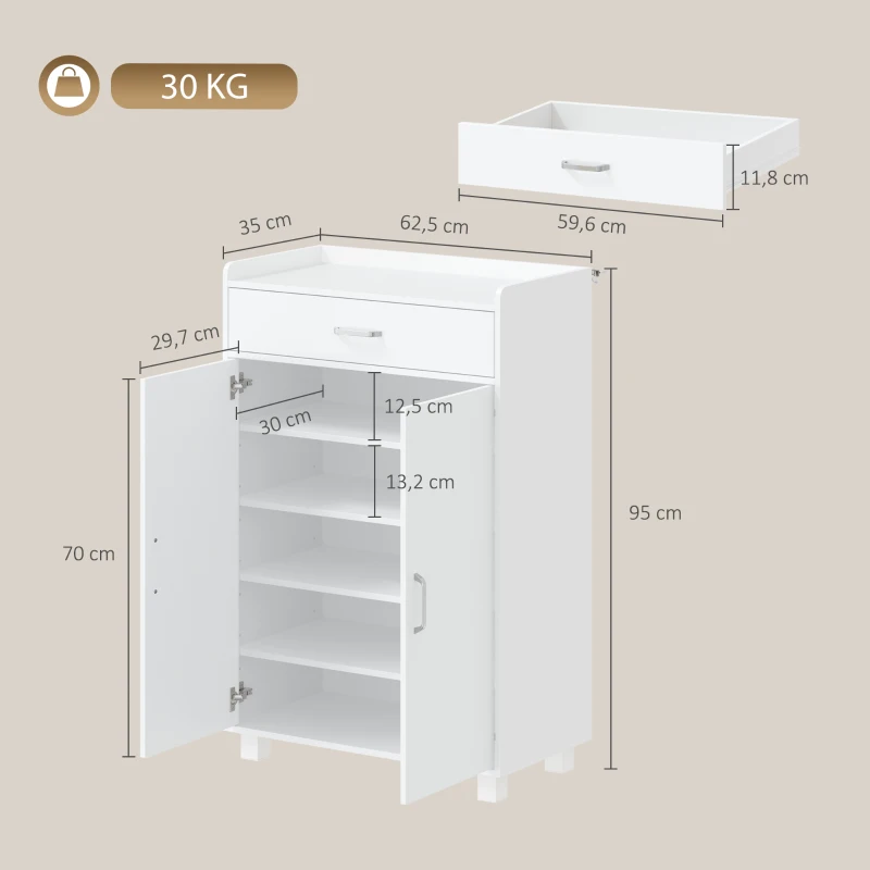 HOMCOM Schuhschrank mit 1 Schublade und 5 Einlegeböden Moderner Schuhschrank Verstellbare Einlegeböden 6 Paar 62,5x35x95 cm Weiß