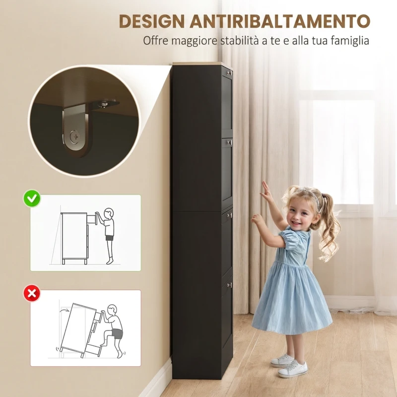 HOMCOM Scarpiera Salvaspazio a 4 Cassetti con Ripiani Regolabili su 2 Livelli, 60x23.5x153.3 cm, Nero
