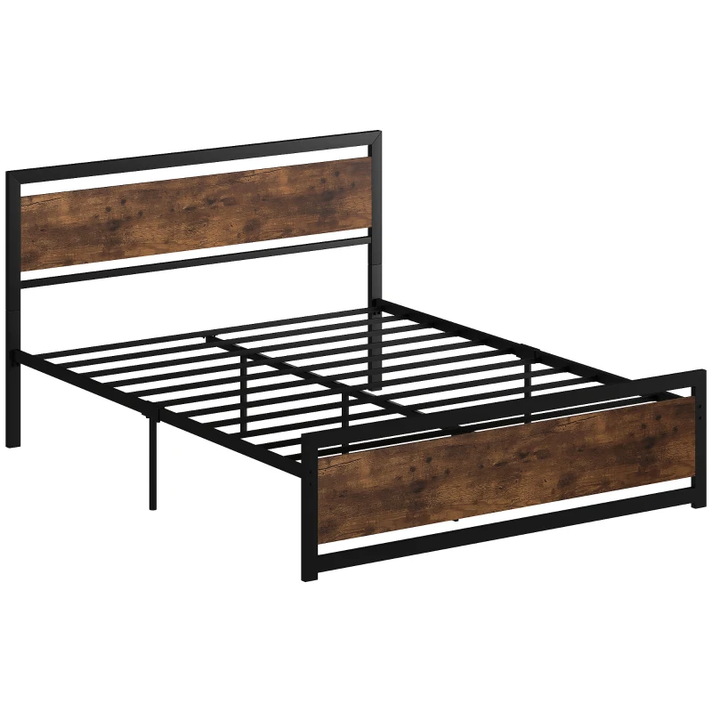 HOMCOM Cadre de lit double en acier avec sommier et tête de lit compatible matelas 200 x 160 cm aspect bois foncé