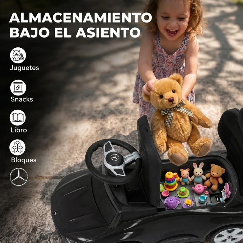 AIYAPLAY Correpasillos Bebés 3 en 1 Mercedes-Benz con Barra de Empuje Capota Barandilla de Seguridad Música 12-36 Meses Negro
