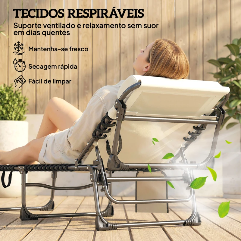Outsunny Conjunto de 2 Espreguiçadeiras Jardim Dobráveis com Apoio de Cabeça e Encosto Reclinável em 5 Posições 200x57x38 cm Creme