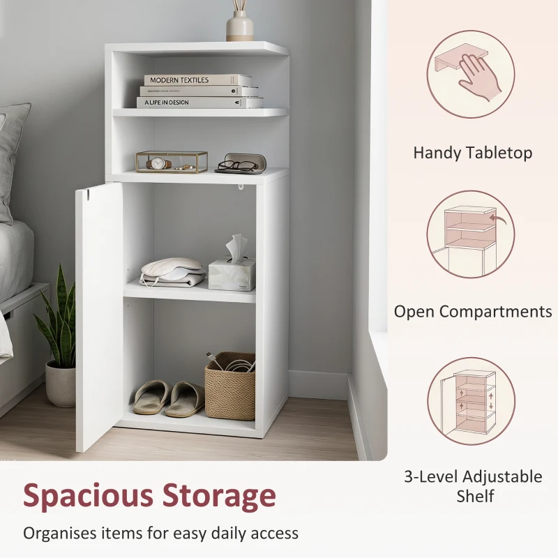 HOMCOM Slim Bedside Table Set of 2, Narrow Bedside Cabinet with Open Cubbies and Cupboard for Bedroom Living Room, White