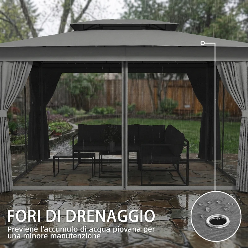 Outsunny Gazebo da Giardino a 2 Livelli con Zanzariere e Tende, in Metallo e Poliestere, 380x300x270 cm, Grigio Scuro