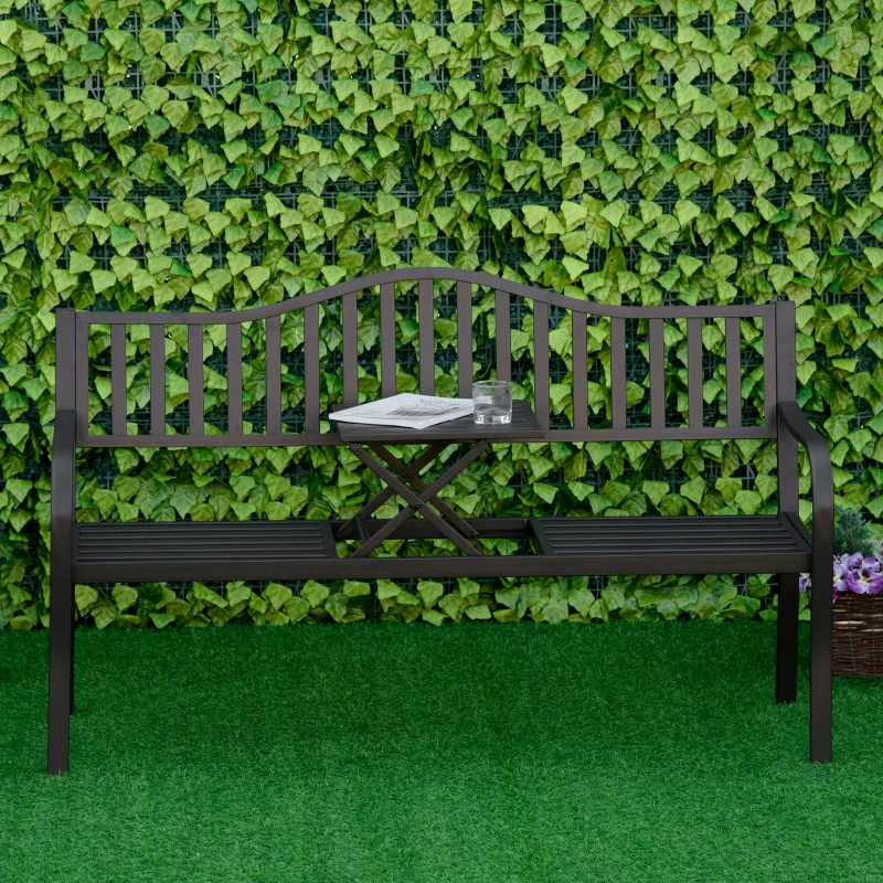 Outsunny 2-Sitzer Gartenbank robust Parkbank mit ausziehbarem Tisch Sitzbank Bank 240kg belastbar Terrassenbank mit Rücken- & Armlehnen Gartenmöbel für Terrasse, Garten 150 x 58,5 x 90 cm Schwarz