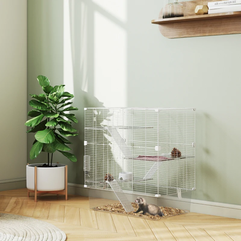 PawHut Gabbia per Roditori Multilivello con Accessori Inclusi, in Acciaio, PET e PS, 73x47x80 cm, Bianco