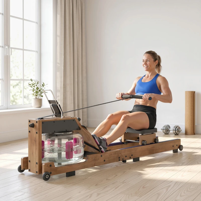 SPORTNOW Rameur à Eau Rameur Appartement Pliable Double Rail Aluminium Capacité 158kg Connexion Bluetooth 182x42x67cm Chêne
