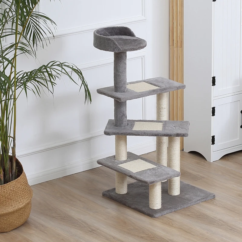 PawHut Tiragraffi per Gatti da 100cm con Lettino Rotondo, Pali in Sisal e Rivestimento in Peluche, Grigio