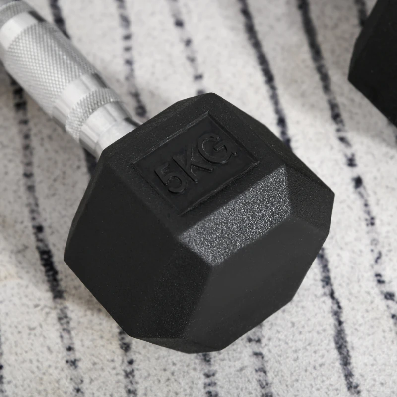 HOMCOM Set di 2 Manubri da Palestra Esagonali da 5kg in Gomma con Impugnatura Antiscivolo, Nero