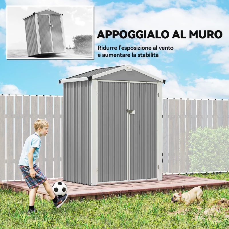 Outsunny Casetta da Giardino in Acciaio 1.1m² con Doppie Porte Bloccabili, 136x87x178 cm, Grigio Argento