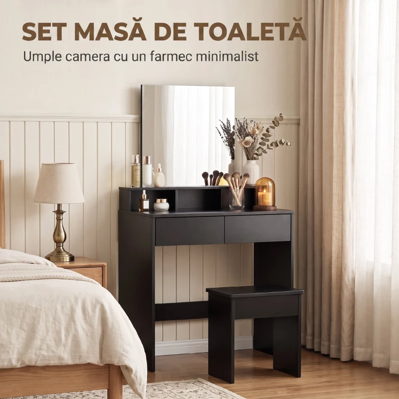 HOMCOM Masă de Toaletă cu Oglindă, 3 Rafturi, 2 Sertare, 75x38x135 cm, Negru