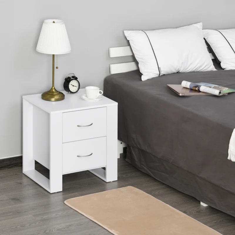HOMCOM Mesita de Noche con 2 Cajones Patas y Base Elevada para Dormitorio Mesa Lateral para Sala de Estar Estilo Moderno 48x39x54 cm Blanco