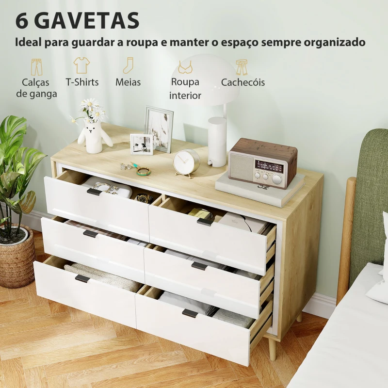 HOMCOM Cómoda 6 Gavetas Cómoda Quarto com Pernas de Madeira Estilo Moderno 110x40x75 cm Branco Brilhante e Carvalho