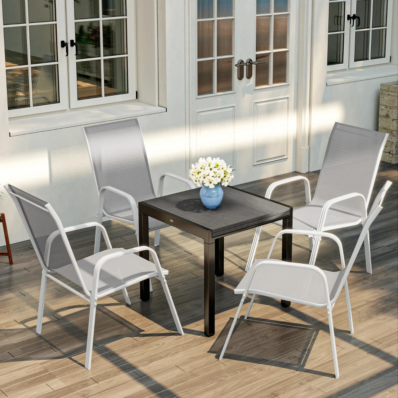 Outsunny Set de 4 Sillas de Exterior Apilables con Asiento de Textilene para Jardín Terraza 54x75,5x95 cm Gris Claro