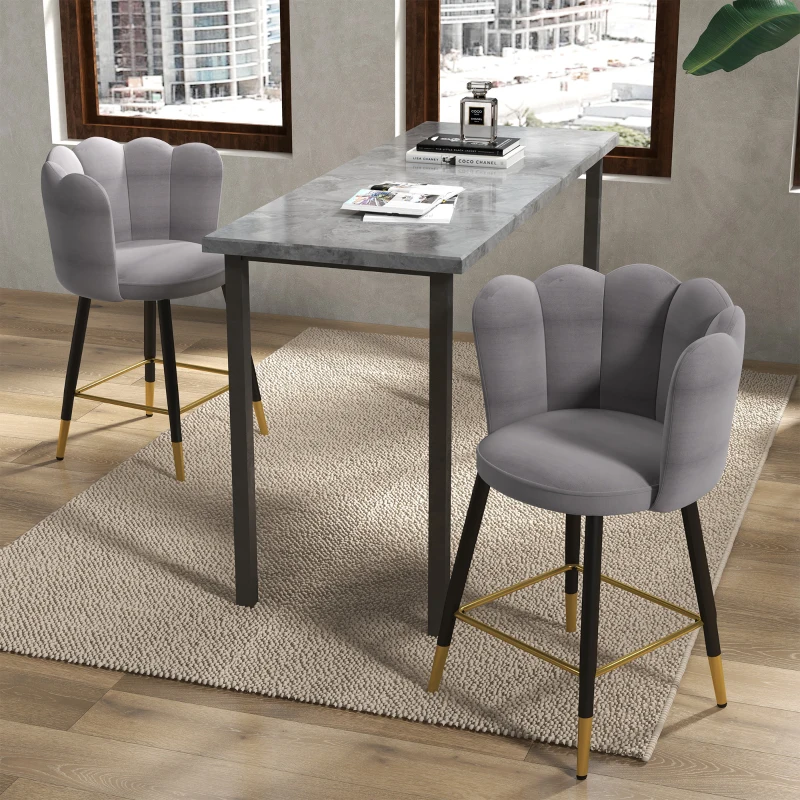 HOMCOM Set da 2 Sgabelli da Bar Vellutati con Poggiapiedi e Base in acciaio, 59x52x90cm, Grigio