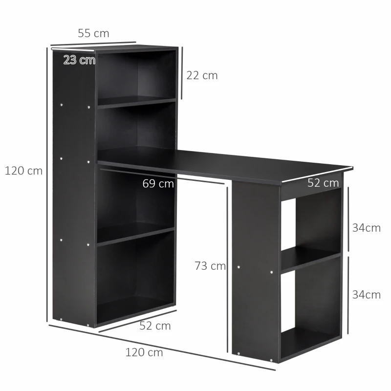 HOMCOM 120cm Computer Desk, Wooden PC Laptop Table with 6-Tier Storage Bookshelves, Home Office Working Study Desk, Writing Workstation, Black