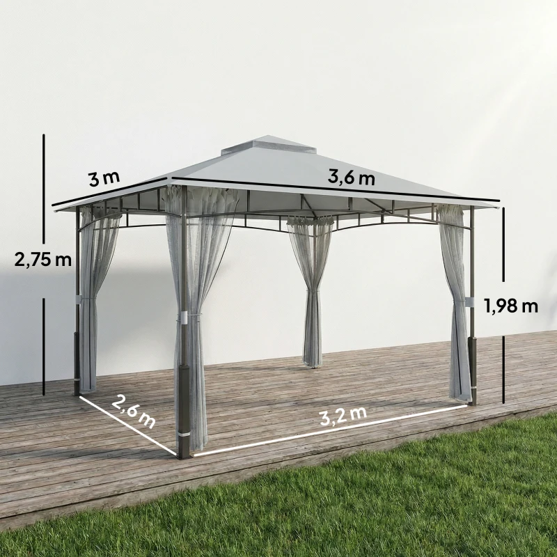 Outsunny Carpa para Jardín con Techo Doble Cenador con Paredes de Malla UPF50+ para Exterior Terraza 360x300x275 cm Gris