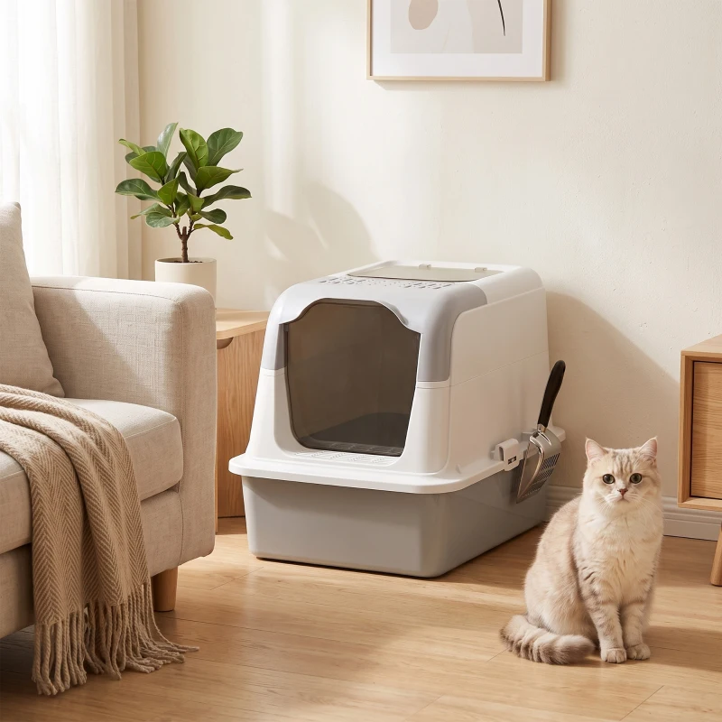 PawHut Maison de toilette pour chat bac à litière fermé bac acier inoxydable, nettoyage facile, 60,4 x 40,4 x 41,8 cm, blanc
