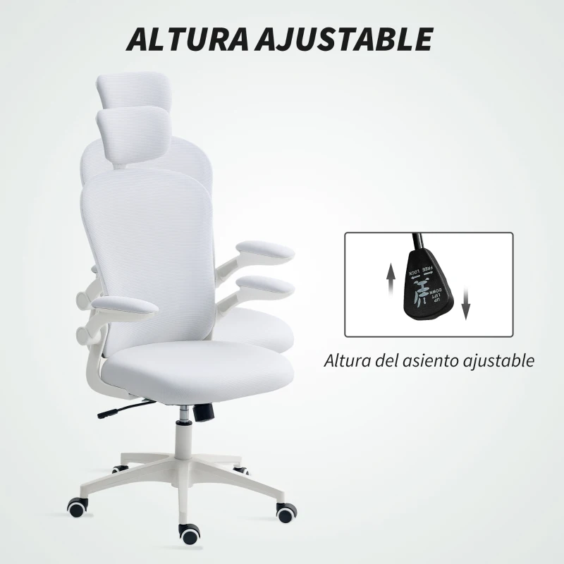 Vinsetto Silla de Oficina de Malla con Respaldo Alto Reposacabezas Ajustable Soporte Lumbar 4D 62x64x120 cm Blanco