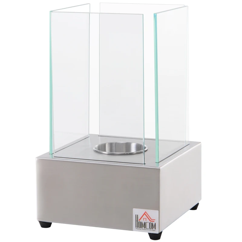 HOMCOM Camino a Bioetanolo da Tavolo con Bruciatore da 0.4L, Biocamino in Acciaio e Vetro per Interni ed Esterni, 20x20x33cm, Argento