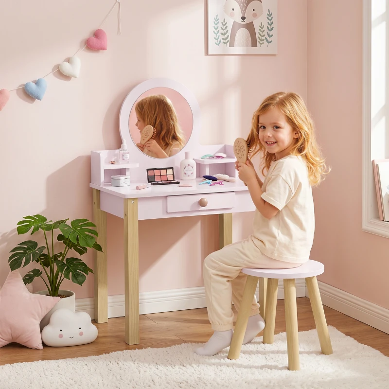 AIYAPLAY Set Toeletta Trucco Bambina con Sgabello, Specchio e Cassetto in Legno, Età 3-6 Anni, Rosa