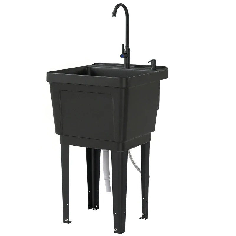 Outsunny Tragbares Camping-Waschbecken mit Seifenspender, Wasserhahn, Einlass- und Ablaufschläuchen, Schwarz