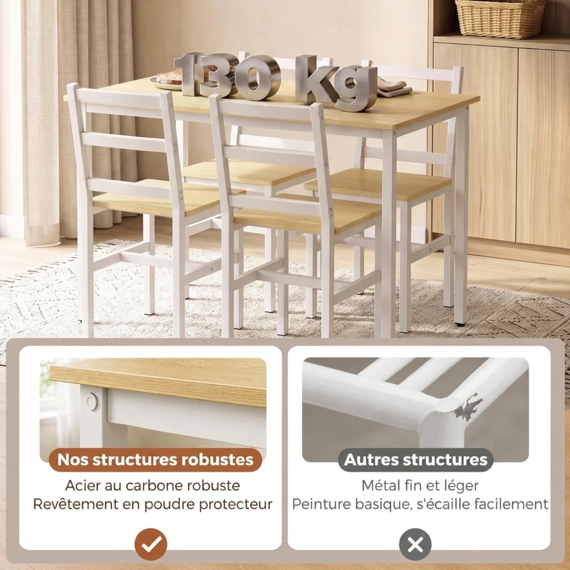 HOMCOM Ensemble Table Salle à Manger avec 4 Chaises, Table Rectangulaire 108 cm, Chaises à Dossier à Lattes, Chêne et Blanc