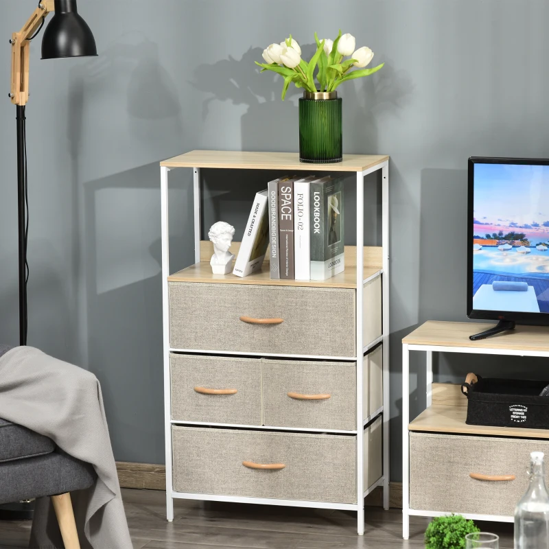 HOMCOM Commode chambre meuble de rangement commode 4 tiroirs en tissu pliables et amovibles avec étagères ouvertes et cadre en métal, chiffonnier pour salon, chambre, entrée, gris clair