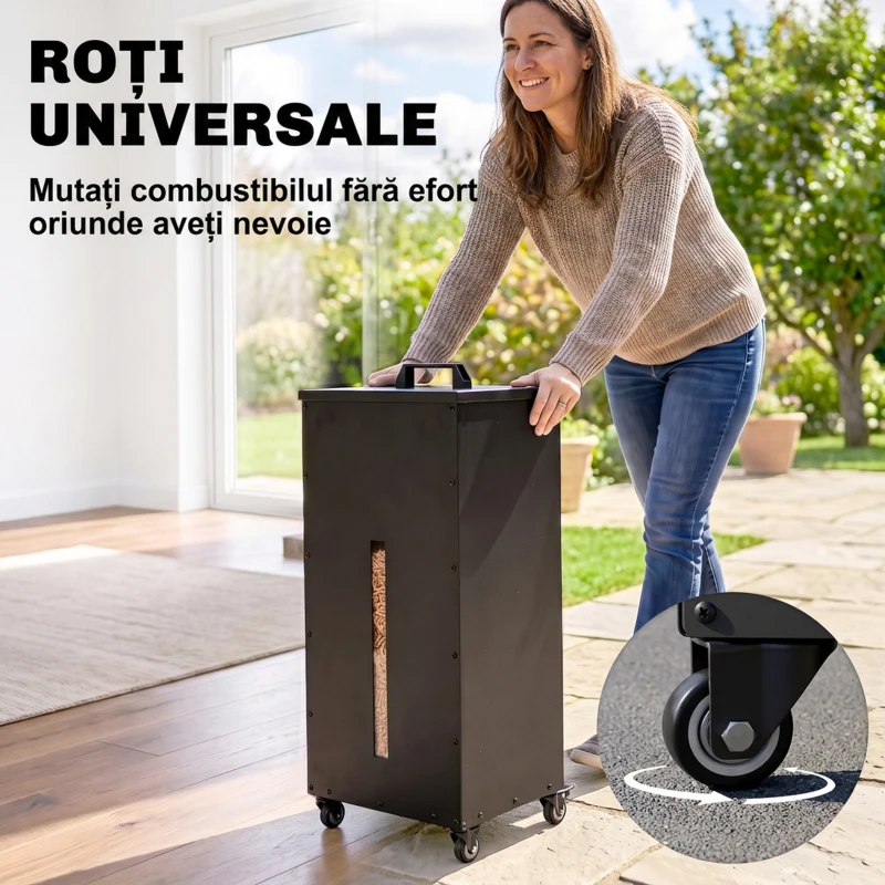 Outsunny Container pentru Peleți 45 Kg cu Roți, Capac, Fereastră și Sită, Negru