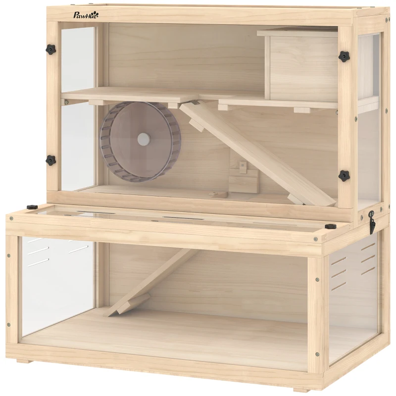PawHut Wooden Hamster Cage with Hut, Wheel, Ramps, Removable Viewing Panels, 80 x 50 x 84 cm, Natural