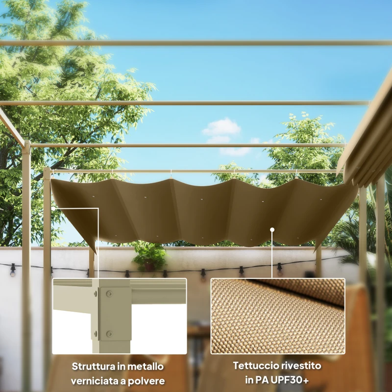Outsunny Gazebo Pergola 3x3 m con Tettuccio Retrattile, 8 Viti e 8 Picchetti, in Poliestere 180g e Metallo, Cachi