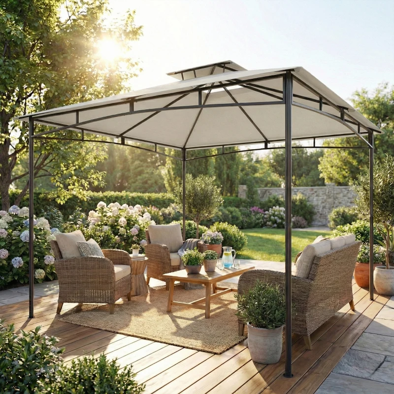 Outsunny Pavillon 3x3m Wasserabweisend Stabil Winterfest Gartenpavillon mit zurückziehbar Obenrahmen Doppeldach Cremeweiß