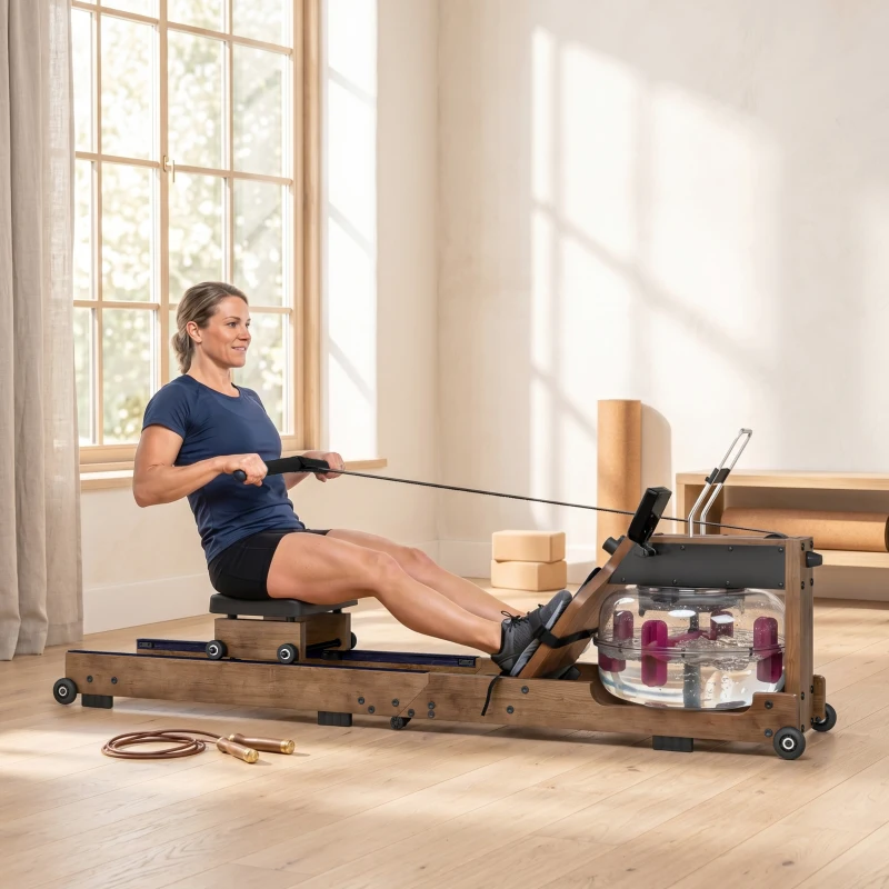SPORTNOW Rameur à Eau Rameur Appartement Pliable Double Rail Aluminium Capacité 158kg Connexion Bluetooth 182x42x67cm Chêne