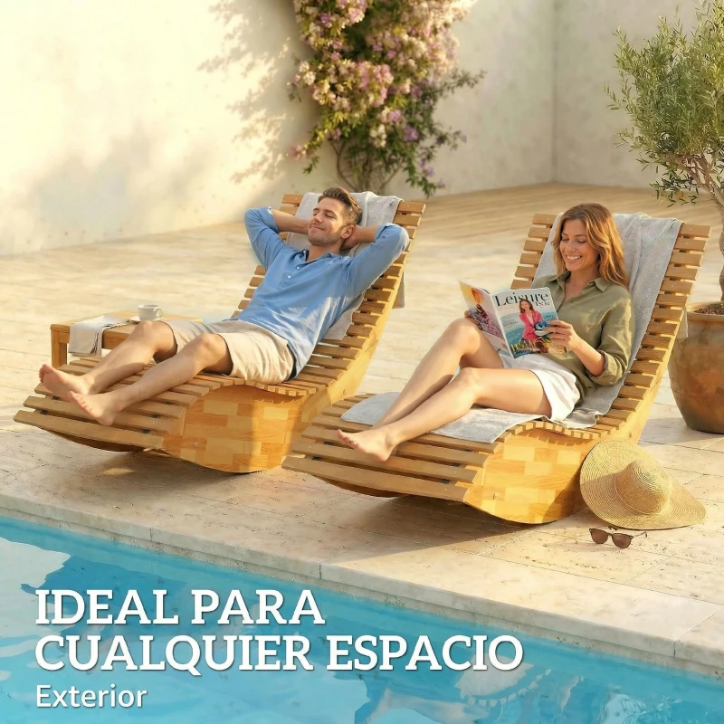 Outsunny Conjunto de 2 Sillas Mecedoras de Jardín de Madera Ergonómica Plegable con Diseño Listonado 60x156x77 cm Natural