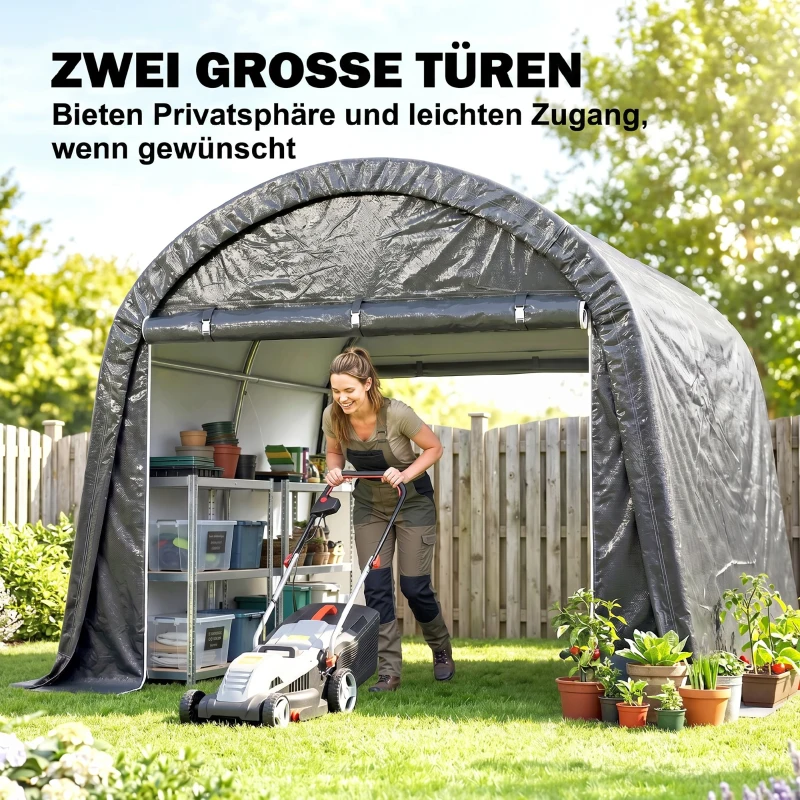 Outsunny Lagerzelt für den Garten, stabiler Stahlrahmen, große Türen, 3x3m, Grau