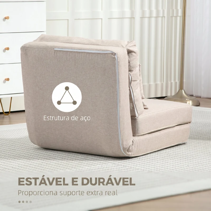 HOMCOM Sofá-Cama Individual Dobrável Estofado em Linho com Encosto Ajustável 5 Posições e 1 Almofada Bege