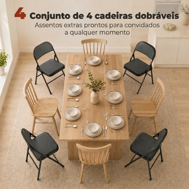 HOMCOM Conjunto de 4 Cadeiras Dobráveis com Encosto e Estrutura de Aço para Sala de Estar escritório Estúdio 45x46x78 cm Preto