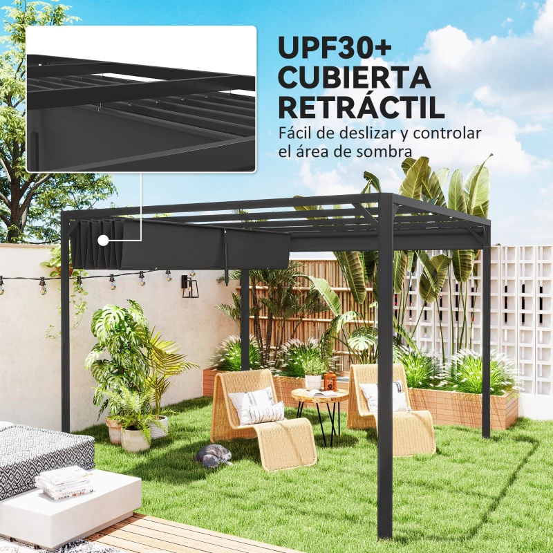 Outsunny Pérgola de Jardín de Aluminio 3x3 m con Techo Retráctil Lateral Enrollable UPF30+ Cenador de Jardín para Exterior Gris