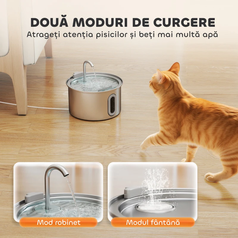 PawHut Fântână pentru Pisici de 2,5L cu Lumină LED și 2 Moduri de Flux, din Oțel Inoxidabil, 19,4x19,4x18,7 cm, Argintiu