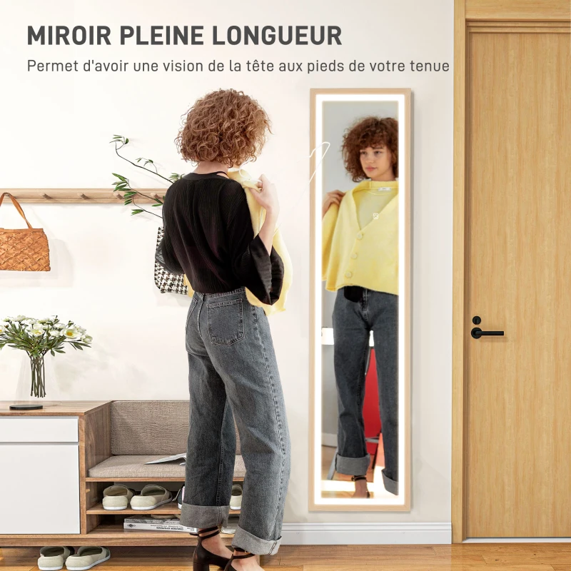 HOMCOM Grand miroir pleine longueur, miroir mural ou sur pied rectangulaire, 40 x 160 cm avec éclairage LED 3 couleurs, chêne