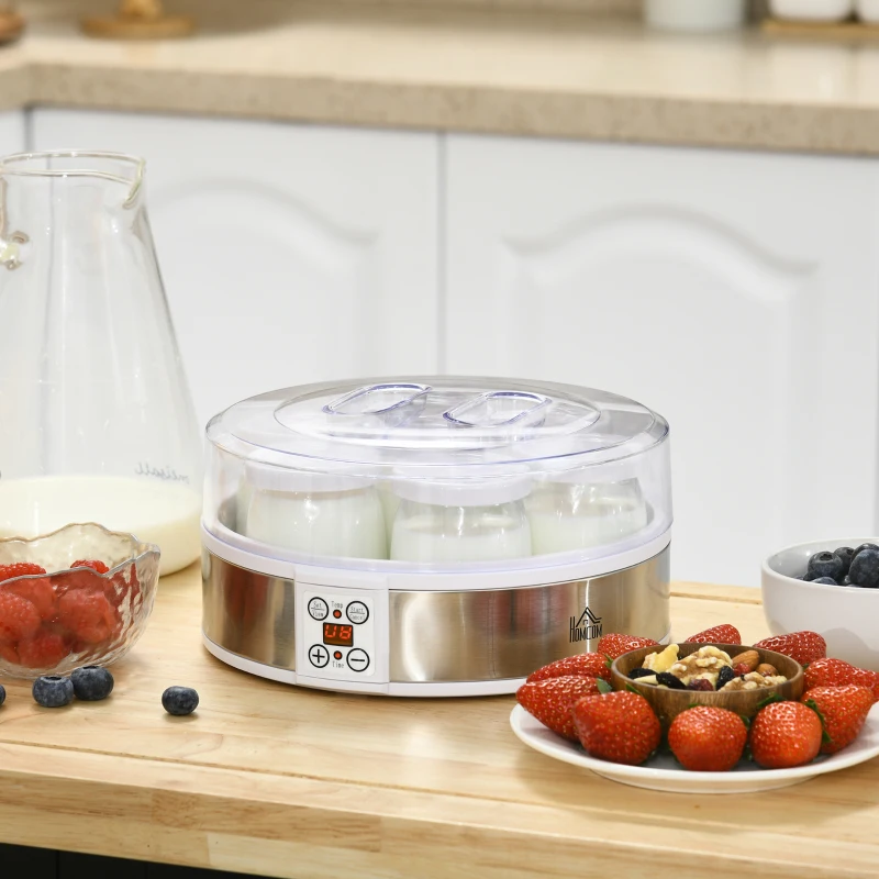 HOMCOM Aparat pentru iaurt 20W de 1.5L cu 7 borcane și afișaj cu butoane, din oțel inoxidabil și plastic, 24x24x13 cm, alb