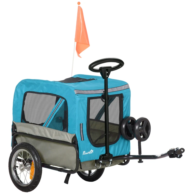 PawHut Reboque de Bicicleta para Cães 2 em 1 Carrinho para Animais de Estimação com Cinto de Segurança Guiador de Empurre Removível Bandeira e Refletores Carga Máxima 10kg 129x55,5x92cm Azul