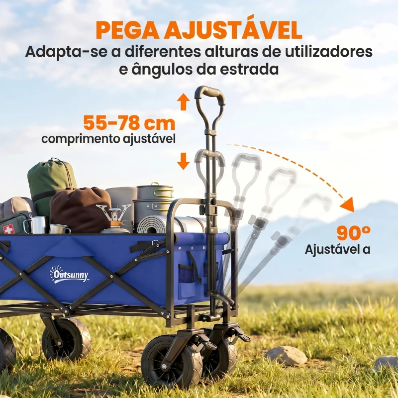 Outsunny Carrinho de Transporte Dobrável para Jardim com Guiador Telescópico Capacidade 100 kg 99x57x77-100 cm Azul Escuro